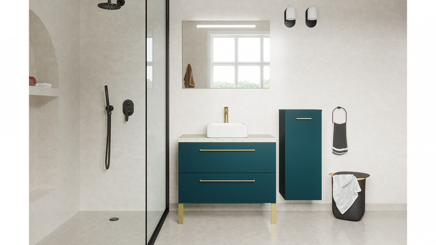 Meuble de salle de bain suspendu vasque à poser 90cm 2 tiroirs Bleu + miroir + colonne ouverture droite - Osmose