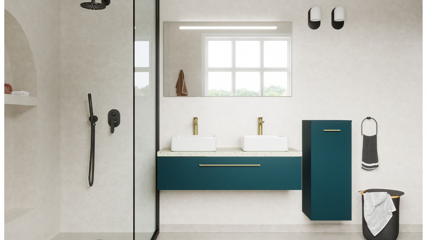 Meuble de salle de bain suspendu 2 vasques à poser 120cm 1 tiroir Bleu + miroir + colonne ouverture droite - Osmose
