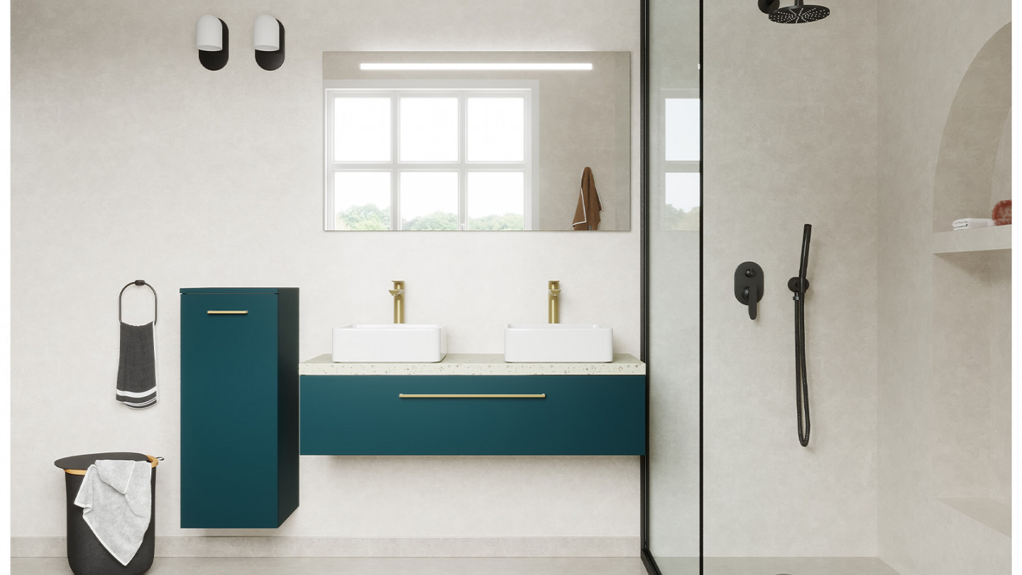 Meuble de salle de bain suspendu 2 vasques à poser 120cm 1 tiroir Bleu + miroir + colonne ouverture gauche - Osmose