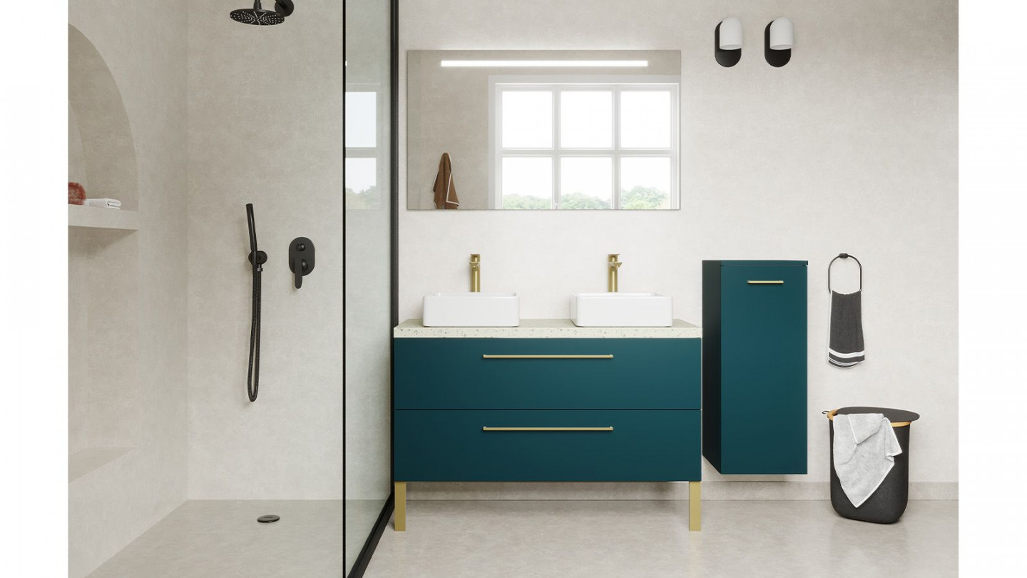 Meuble de salle de bain suspendu 2 vasques à poser 120cm 2 tiroirs Bleu + miroir + colonne ouverture droite - Osmose