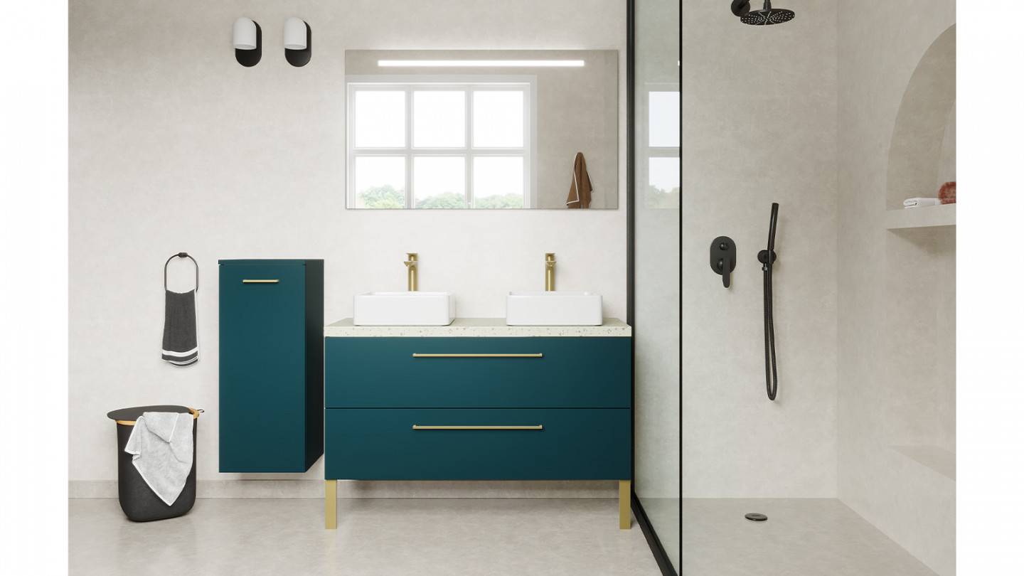 Meuble de salle de bain suspendu 2 vasques à poser 120cm 2 tiroirs Bleu + miroir + colonne ouverture gauche - Osmose