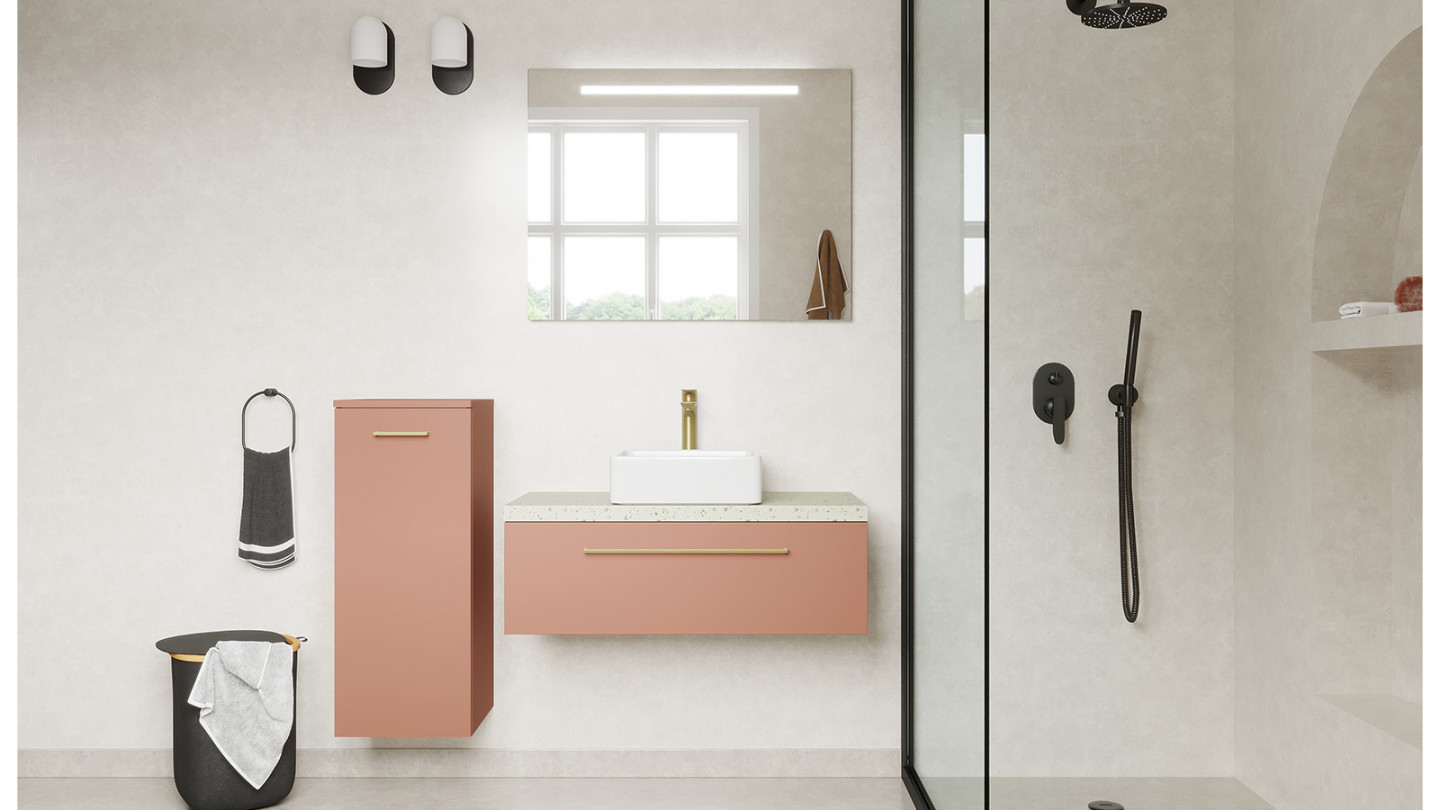 Meuble de salle de bain suspendu vasque à poser 90cm 1 tiroir Abricot + miroir + colonne ouverture gauche - Osmose