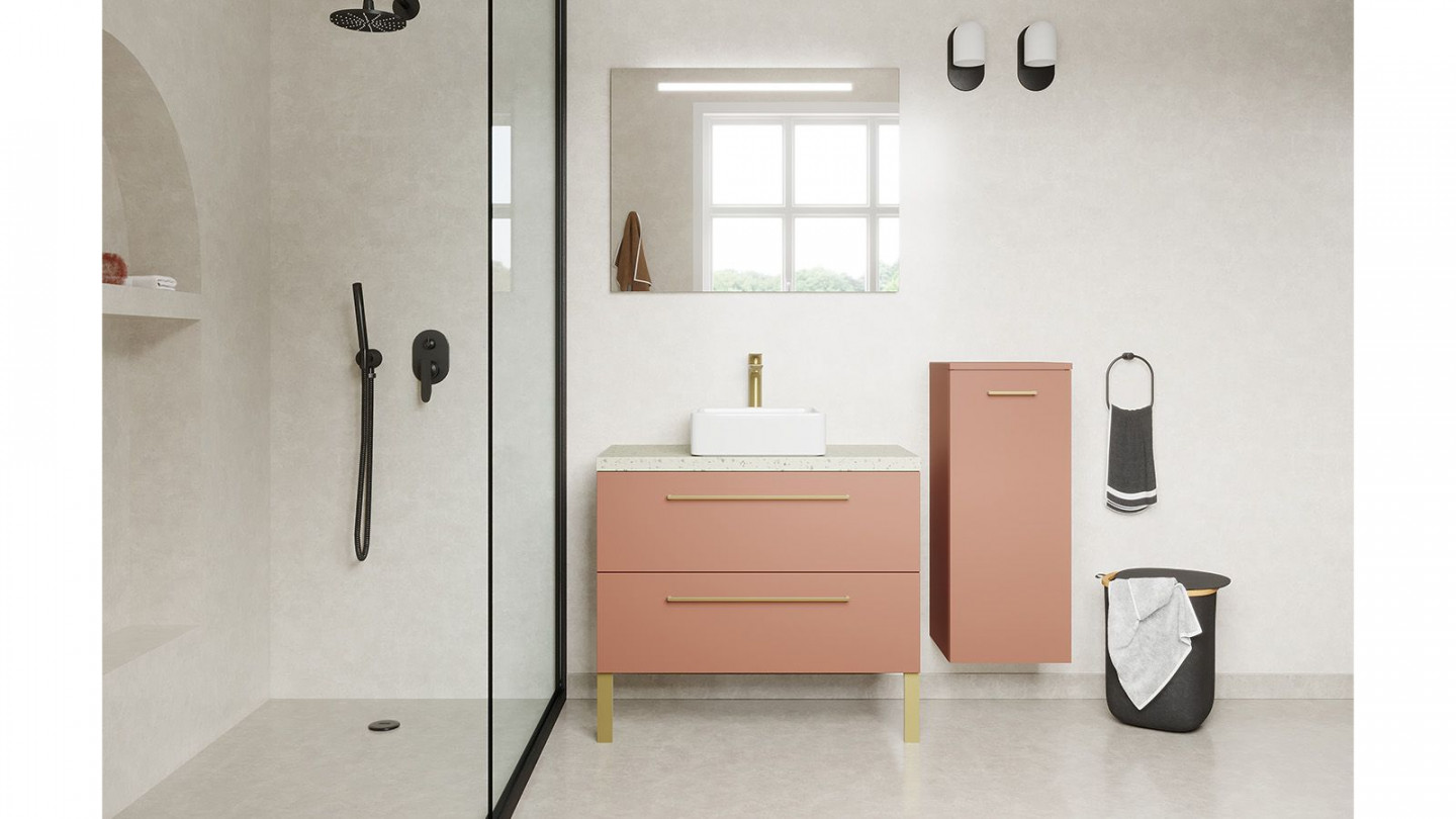 Meuble de salle de bain suspendu vasque à poser 90cm 2 tiroirs Abricot + miroir + colonne ouverture droite - Osmose