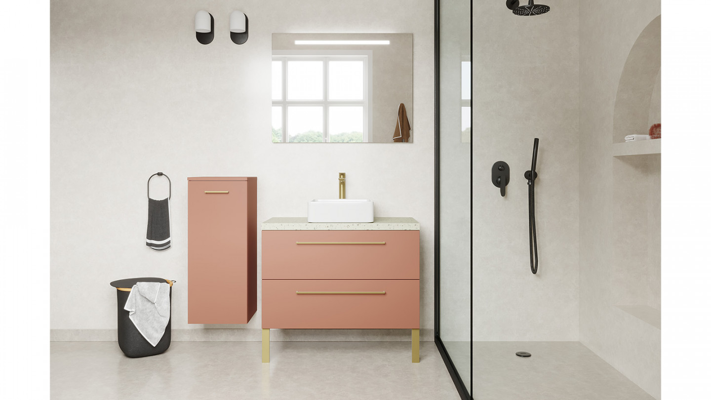 Meuble de salle de bain suspendu vasque à poser 90cm 2 tiroirs Abricot + miroir + colonne ouverture gauche - Osmose