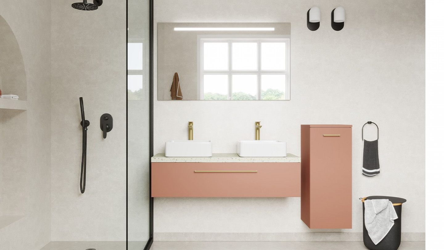 Meuble de salle de bain suspendu 2 vasques à poser 120cm 1 tiroir Abricot + miroir + colonne ouverture droite - Osmose