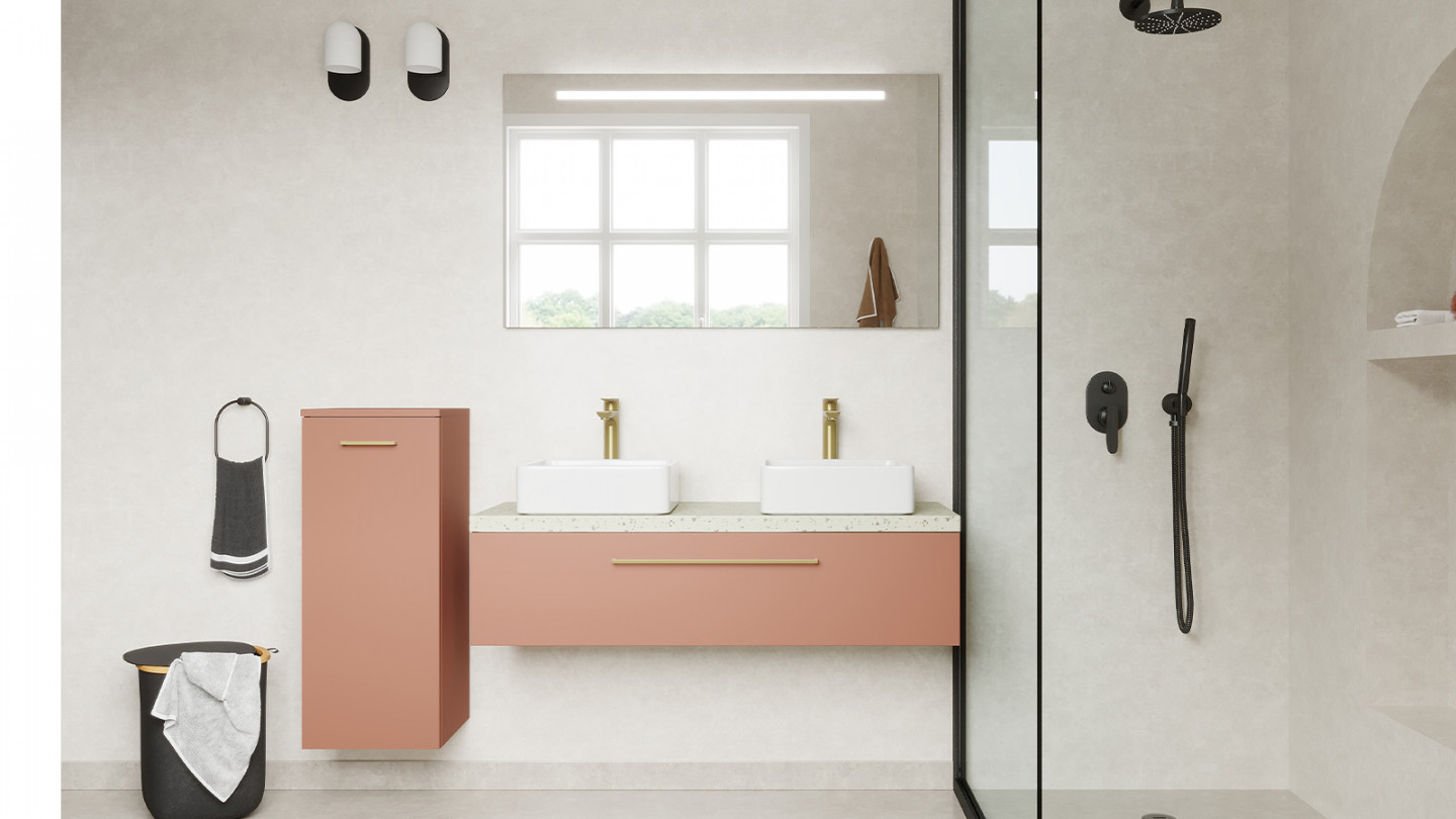 Meuble de salle de bain suspendu 2 vasques à poser 120cm 1 tiroir Abricot + miroir + colonne ouverture gauche - Osmose