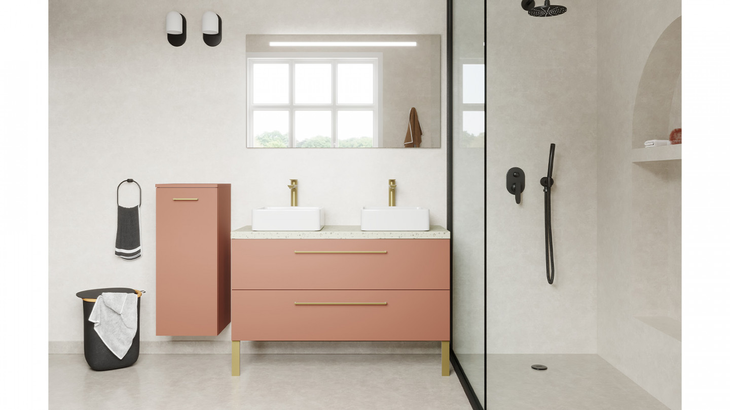 Meuble de salle de bain suspendu 2 vasques à poser 120cm 2 tiroirs Abricot + miroir - Osmose