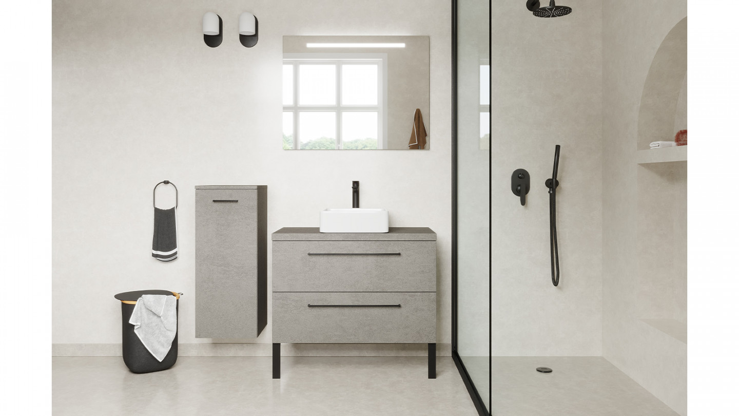 Meuble de salle de bain suspendu vasque à poser 90cm 2 tiroirs façon Béton + miroir - Osmose