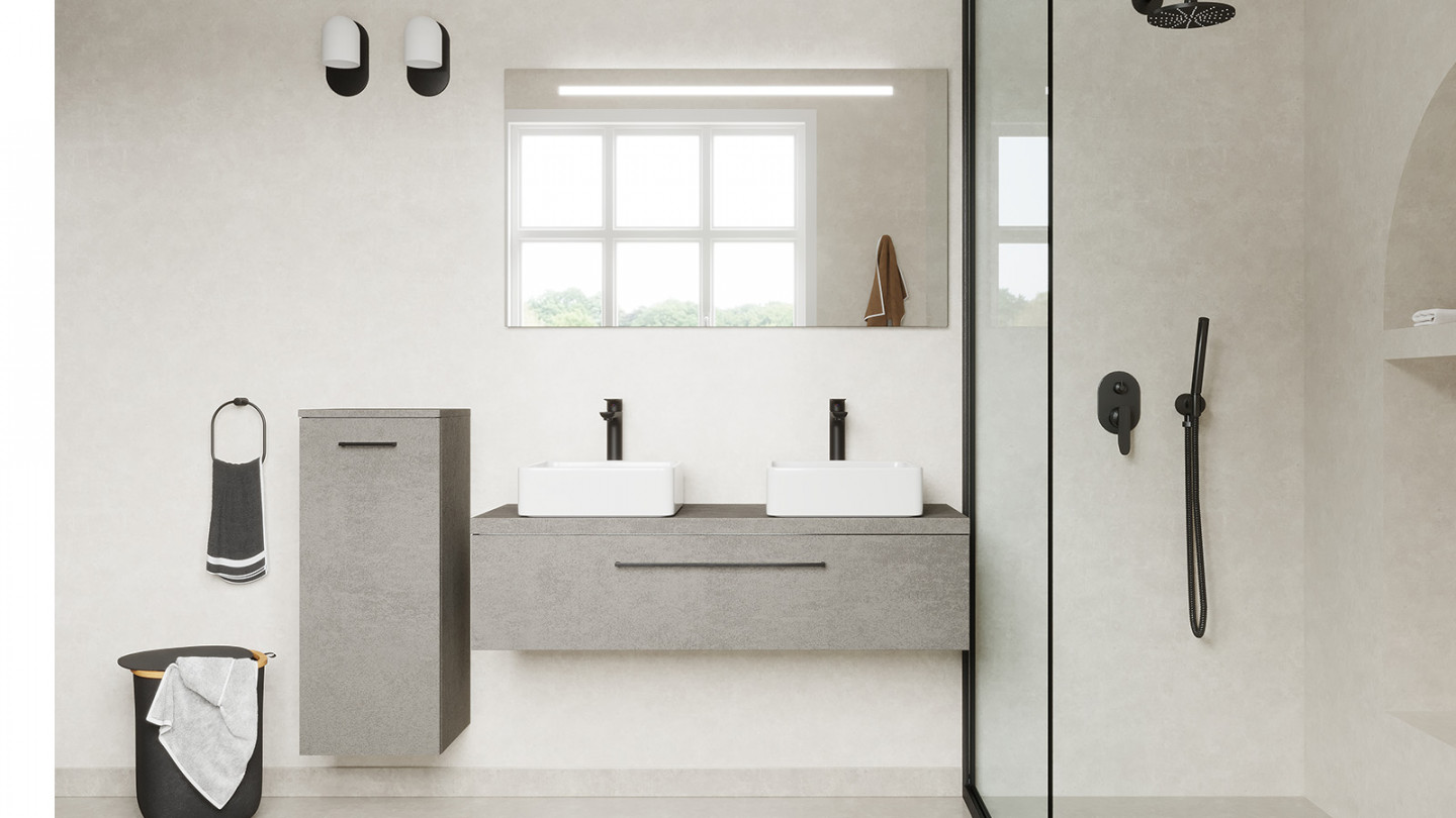 Meuble de salle de bain suspendu 2 vasques à poser 120cm 1 tiroir façon Béton + miroir + colonne ouverture gauche - Osmose