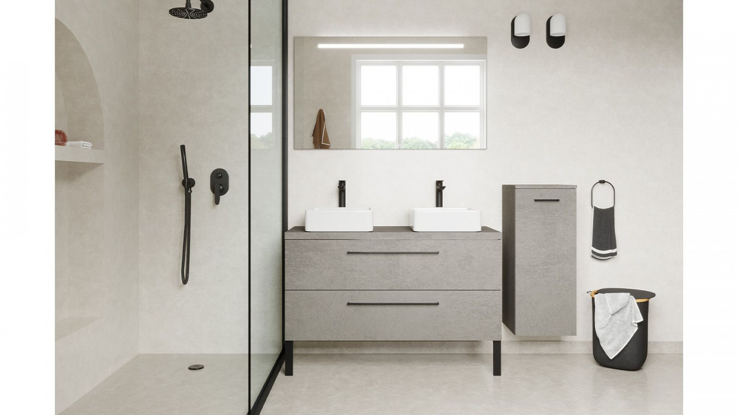 Meuble de salle de bain suspendu 2 vasques à poser 120cm 2 tiroirs façon Béton + miroir + colonne ouverture droite - Osmose