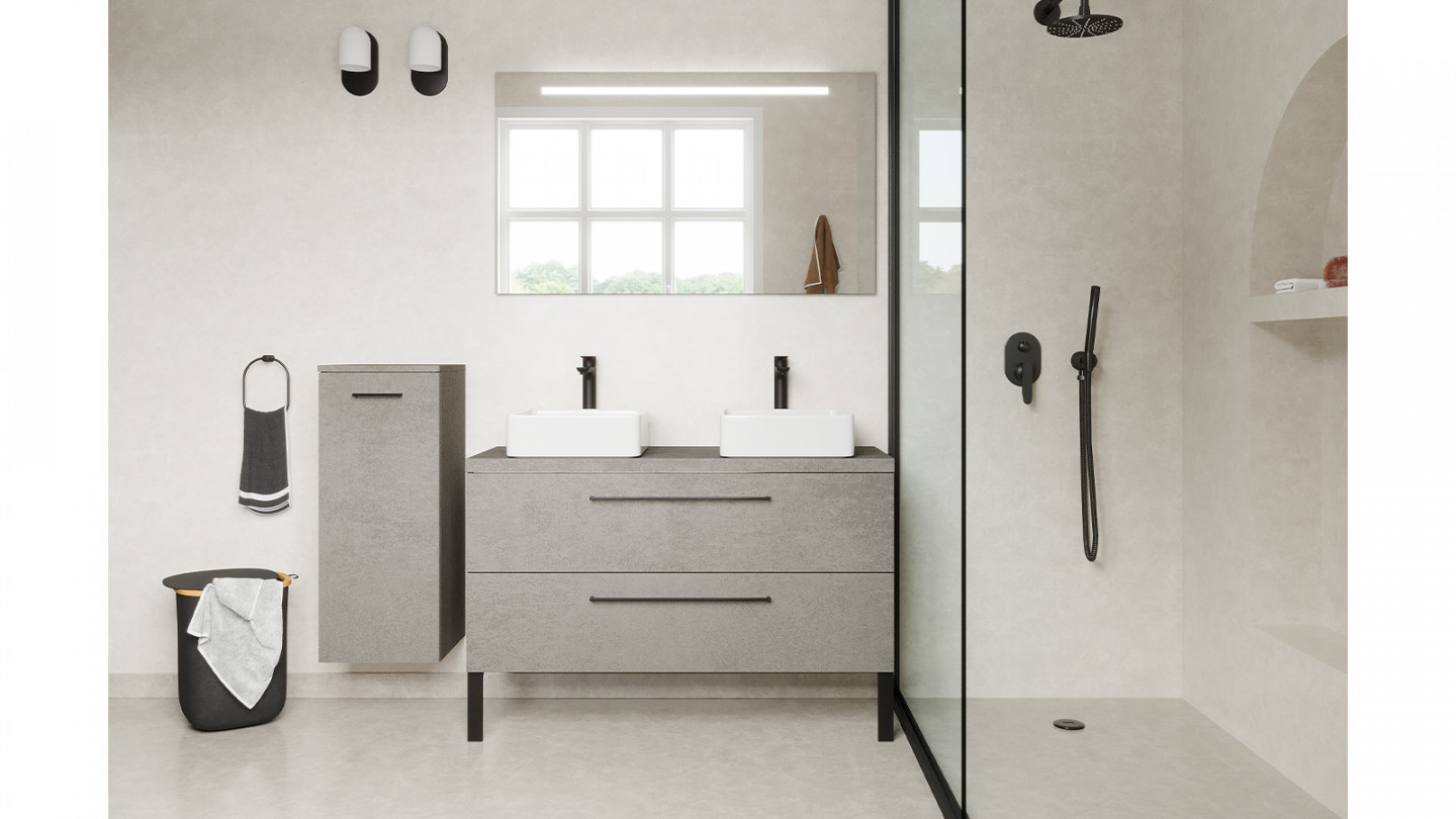 Meuble de salle de bain suspendu 2 vasques à poser 120cm 2 tiroirs façon Béton + miroir + colonne ouverture gauche - Osmose