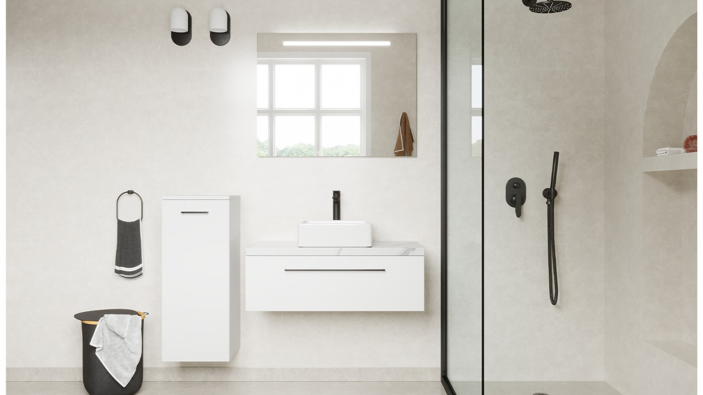 Meuble de salle de bain suspendu vasque à poser 90cm 1 tiroir Blanc + miroir + colonne ouverture gauche - Osmose