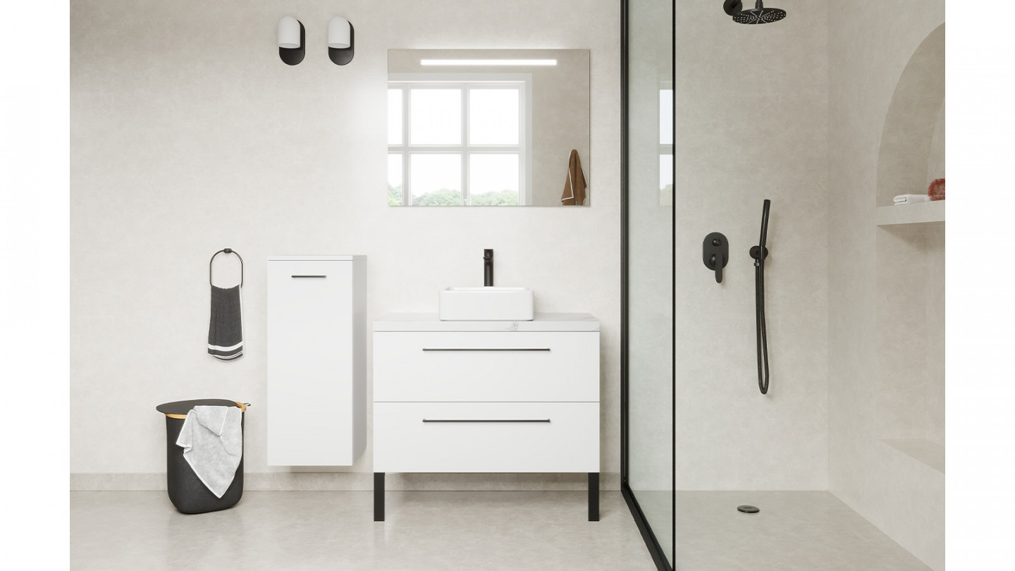 Meuble de salle de bain suspendu vasque à poser 90cm 2 tiroirs Blanc + miroir + colonne ouverture gauche - Osmose