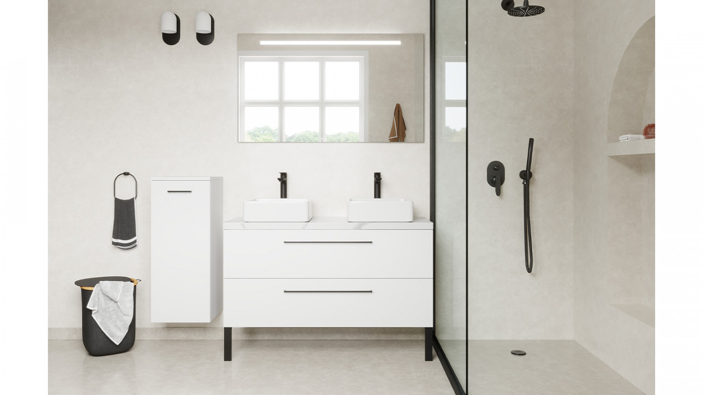 Meuble de salle de bain suspendu 2 vasques à poser 120cm 2 tiroirs Blanc + miroir + colonne ouverture gauche - Osmose