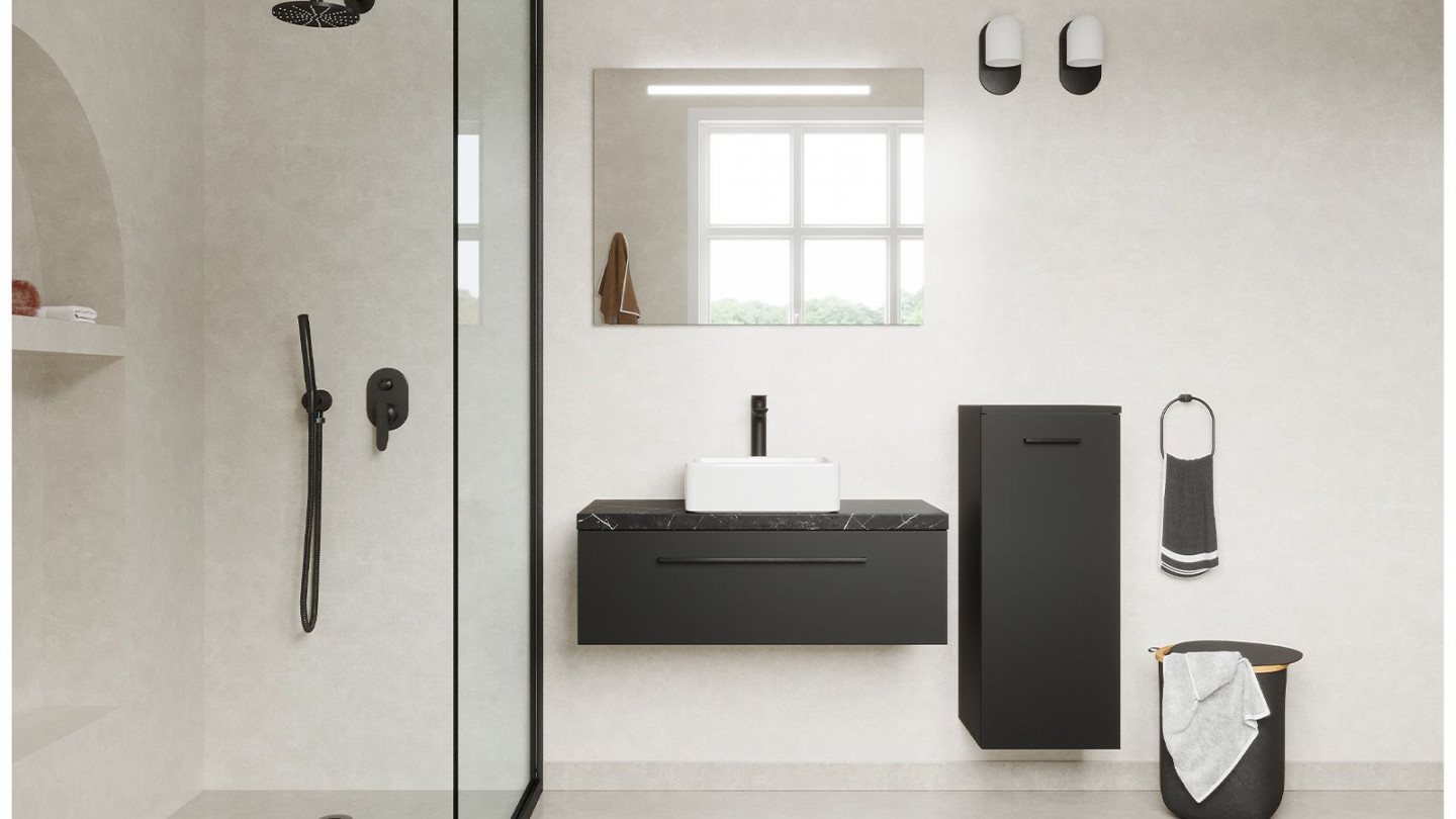 Meuble de salle de bain suspendu vasque à poser 90cm 1 tiroir Noir + miroir + colonne ouverture droite - Osmose