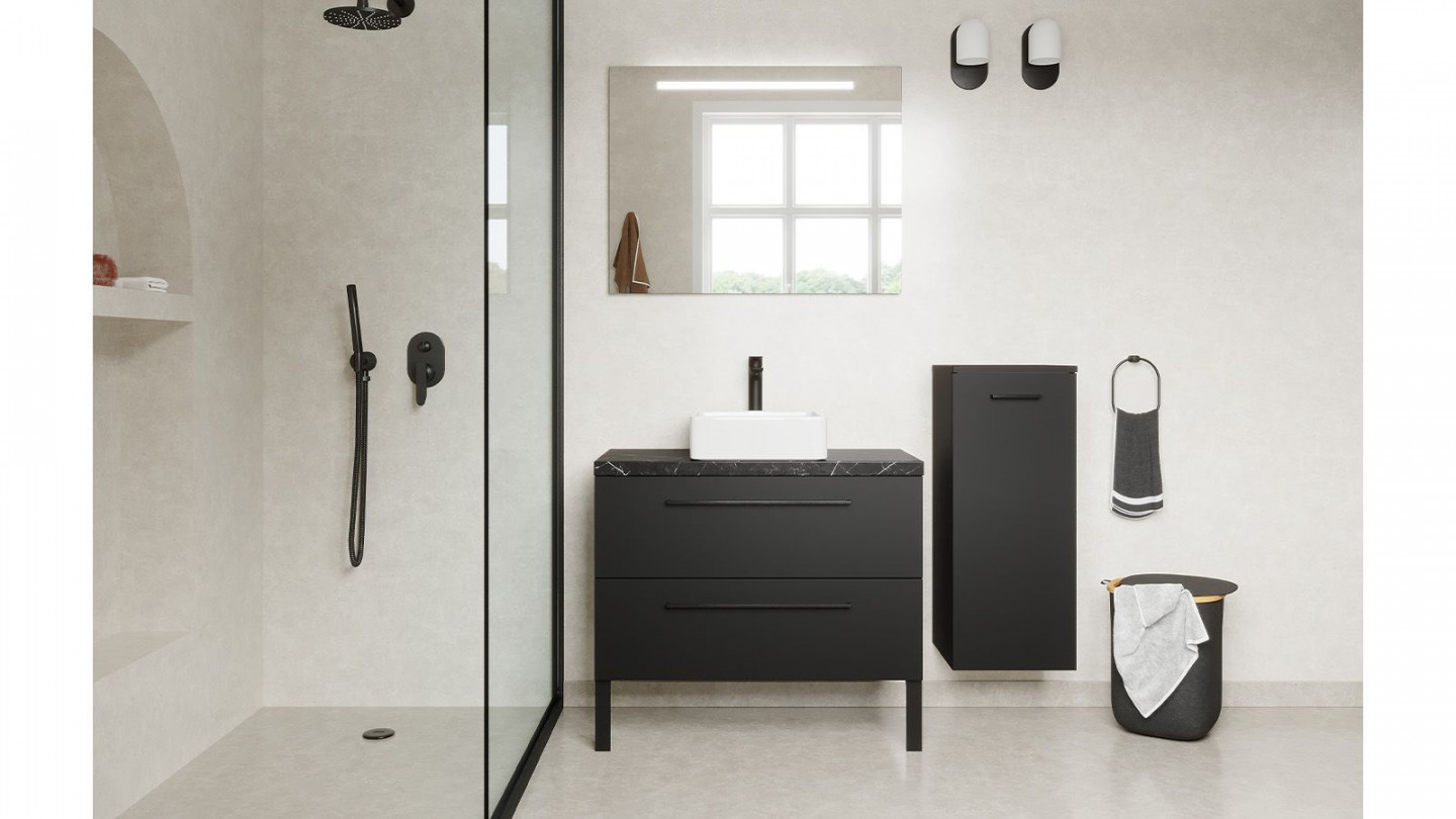 Meuble de salle de bain suspendu vasque à poser 90cm 2 tiroirs Noir + miroir + colonne ouverture droite - Osmose