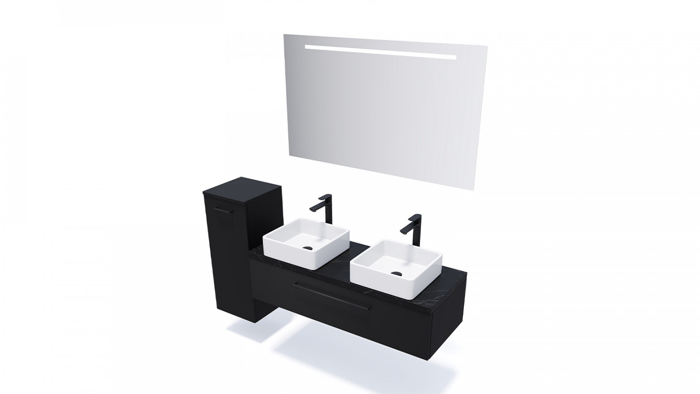 Meuble de salle de bain suspendu 2 vasques à poser 120cm 1 tiroir Noir + miroir - Osmose
