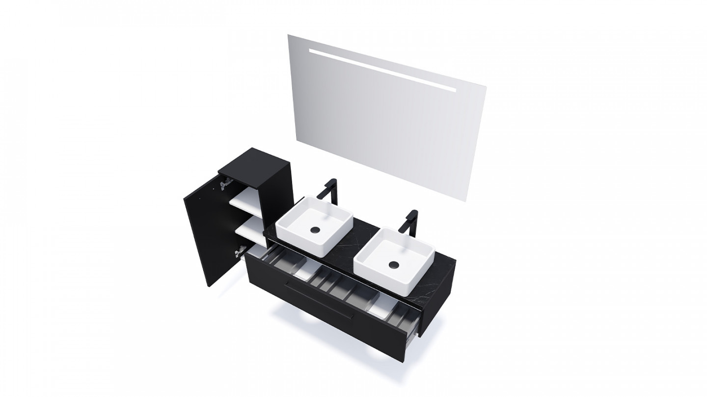 Meuble de salle de bain suspendu 2 vasques à poser 120cm 1 tiroir Noir