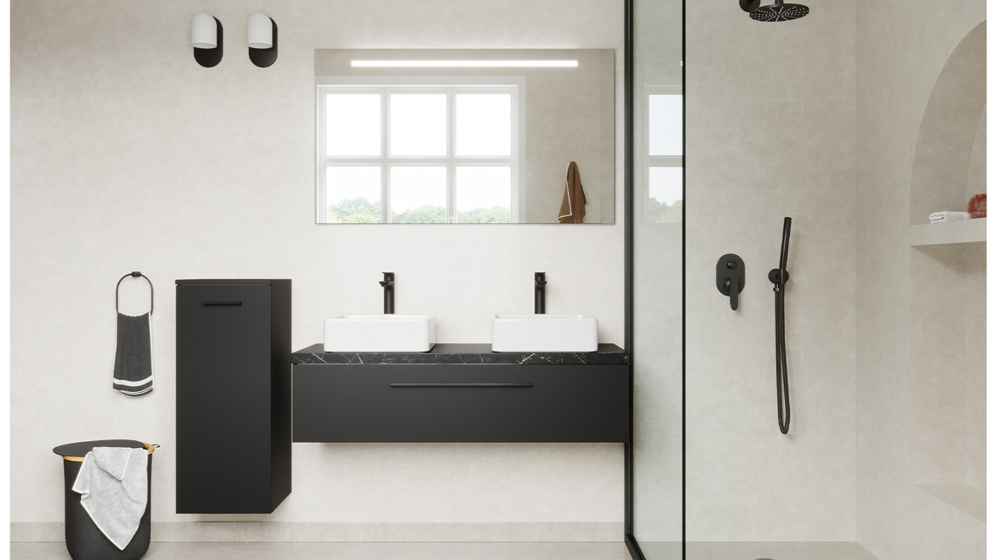 Meuble de salle de bain suspendu 2 vasques à poser 120cm 1 tiroir Noir + miroir + colonne ouverture gauche - Osmose