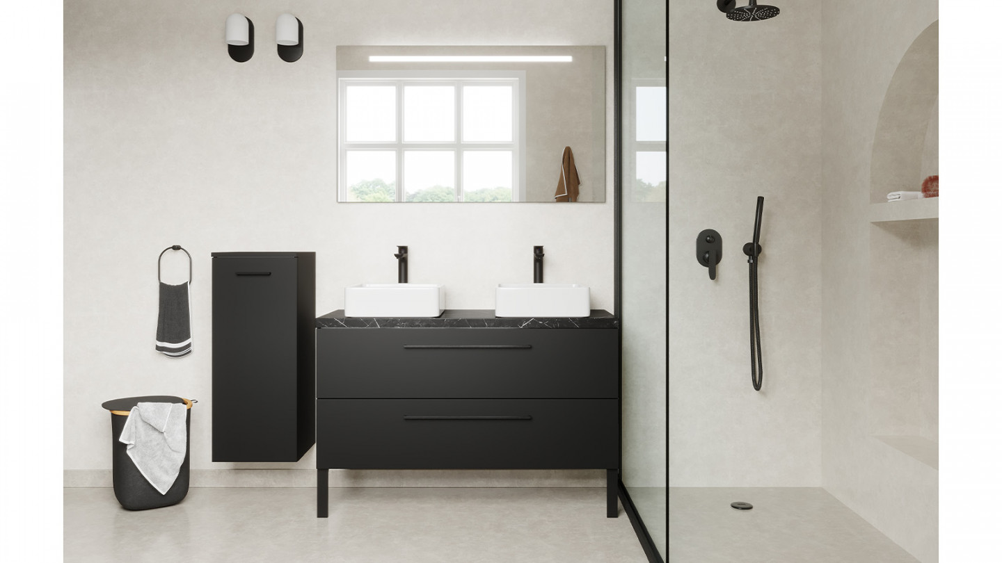 Meuble de salle de bain suspendu 2 vasques à poser 120cm 2 tiroirs Noir + miroir - Osmose