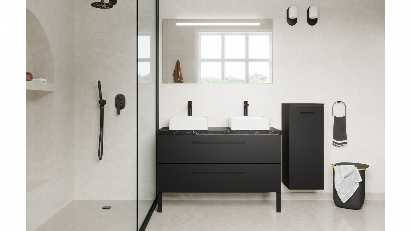 Meuble de salle de bain suspendu 2 vasques à poser 120cm 2 tiroirs Noir + miroir + colonne ouverture droite - Osmose