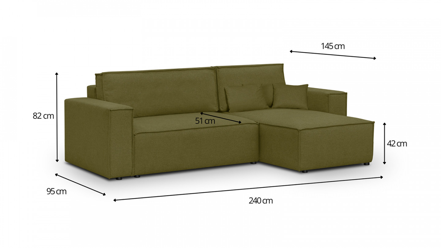 Canapé d'angle convertible réversible 4 places avec coffre de rangement en tissu vert olive - Livia New