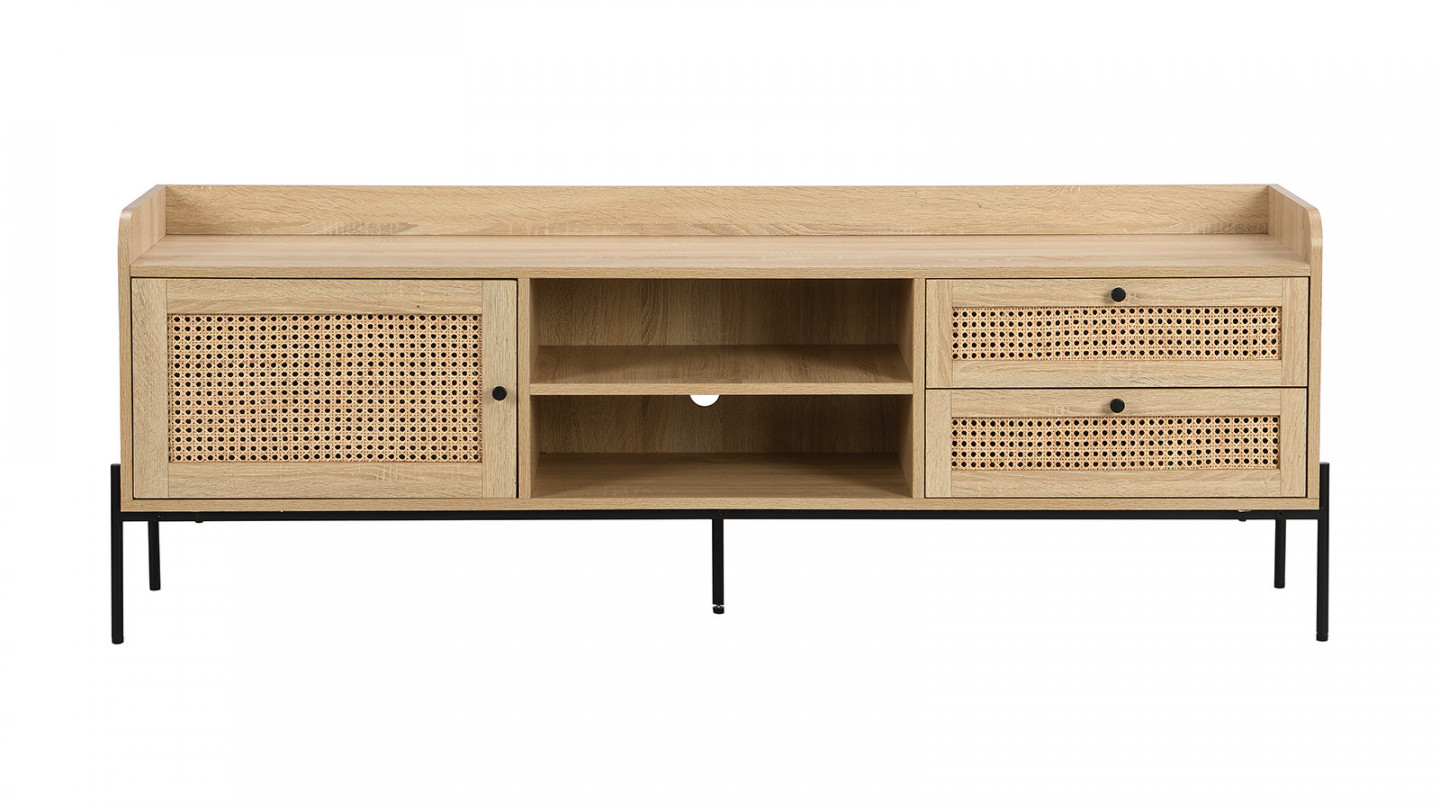 Meuble TV 1 porte 2 tiroirs en cannage naturel et effet chêne 160 cm - Iris