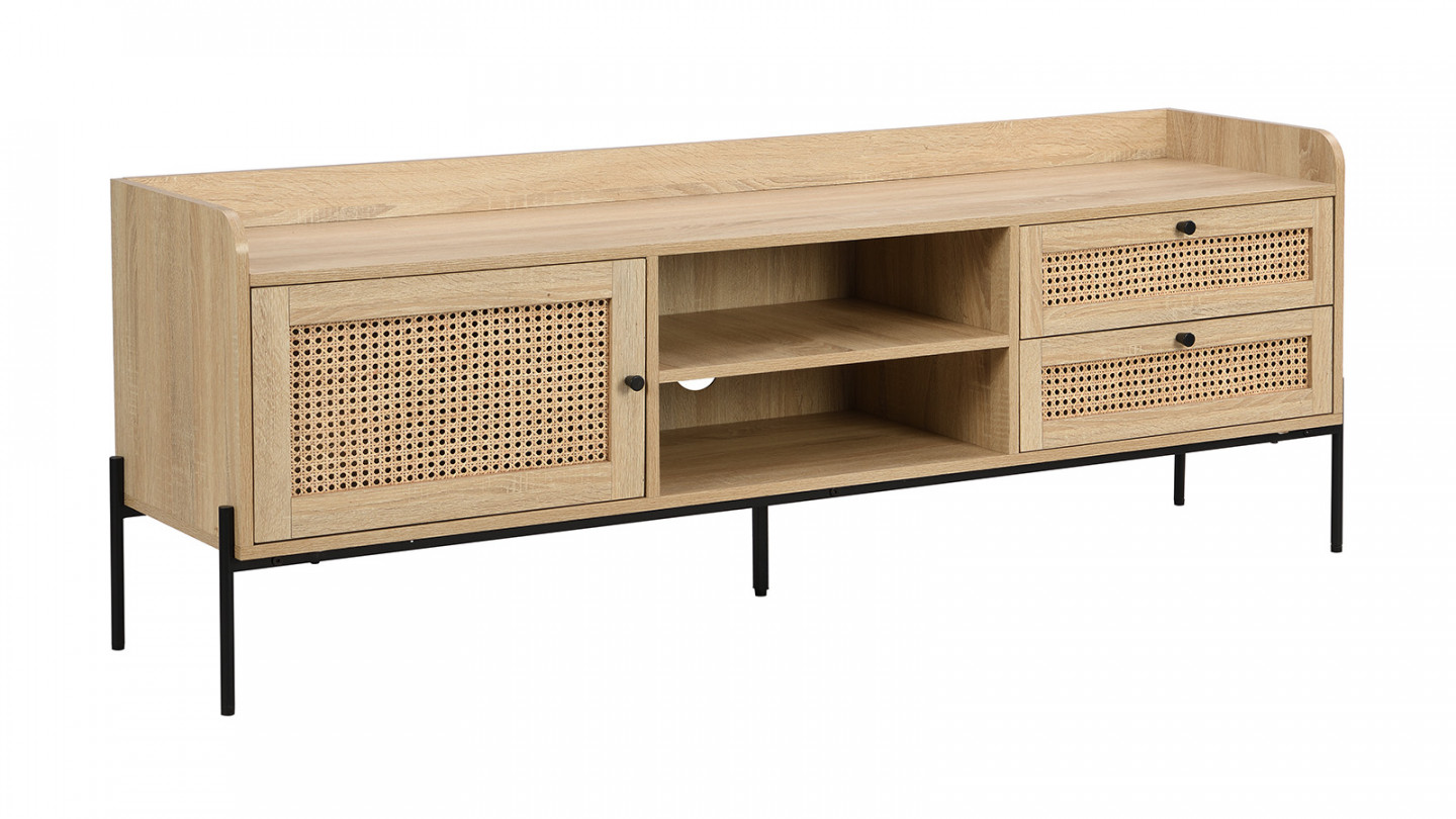 Meuble TV 1 porte 2 tiroirs en cannage naturel et effet chêne 160 cm - Iris