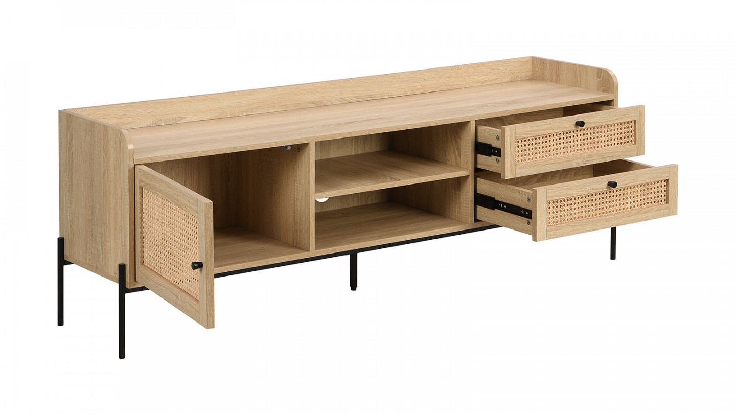 Meuble TV 1 porte 2 tiroirs en cannage naturel et effet chêne 160 cm - Iris