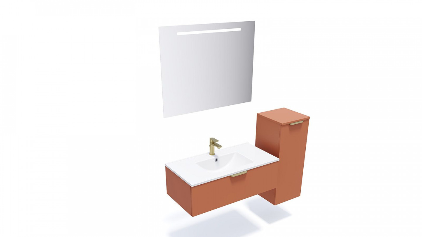 Meuble de salle de bain suspendu vasque intégrée 90cm 1 tiroir Terracotta + miroir + colonne ouverture droite - Swing