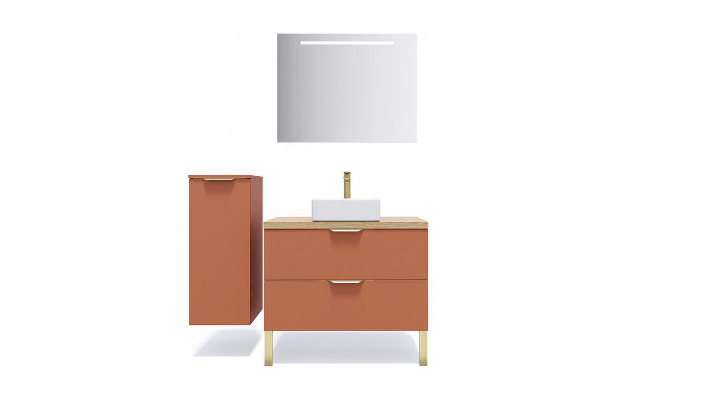 Meuble de salle de bain suspendu vasque à poser 90cm 2 tiroirs Terracotta + miroir - Swing