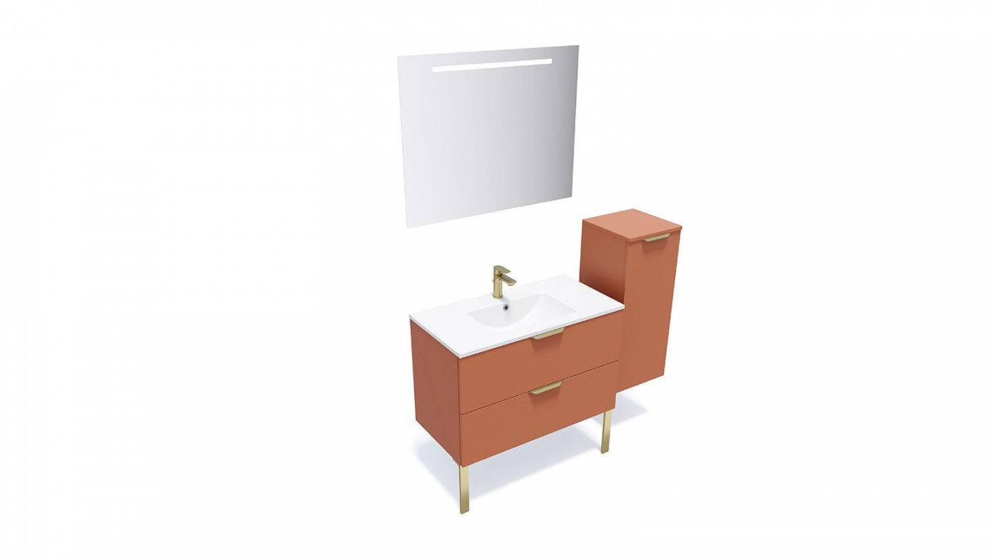Meuble de salle de bain suspendu vasque intégrée 90cm 2 tiroirs Terracotta + miroir + colonne ouverture droite - Swing