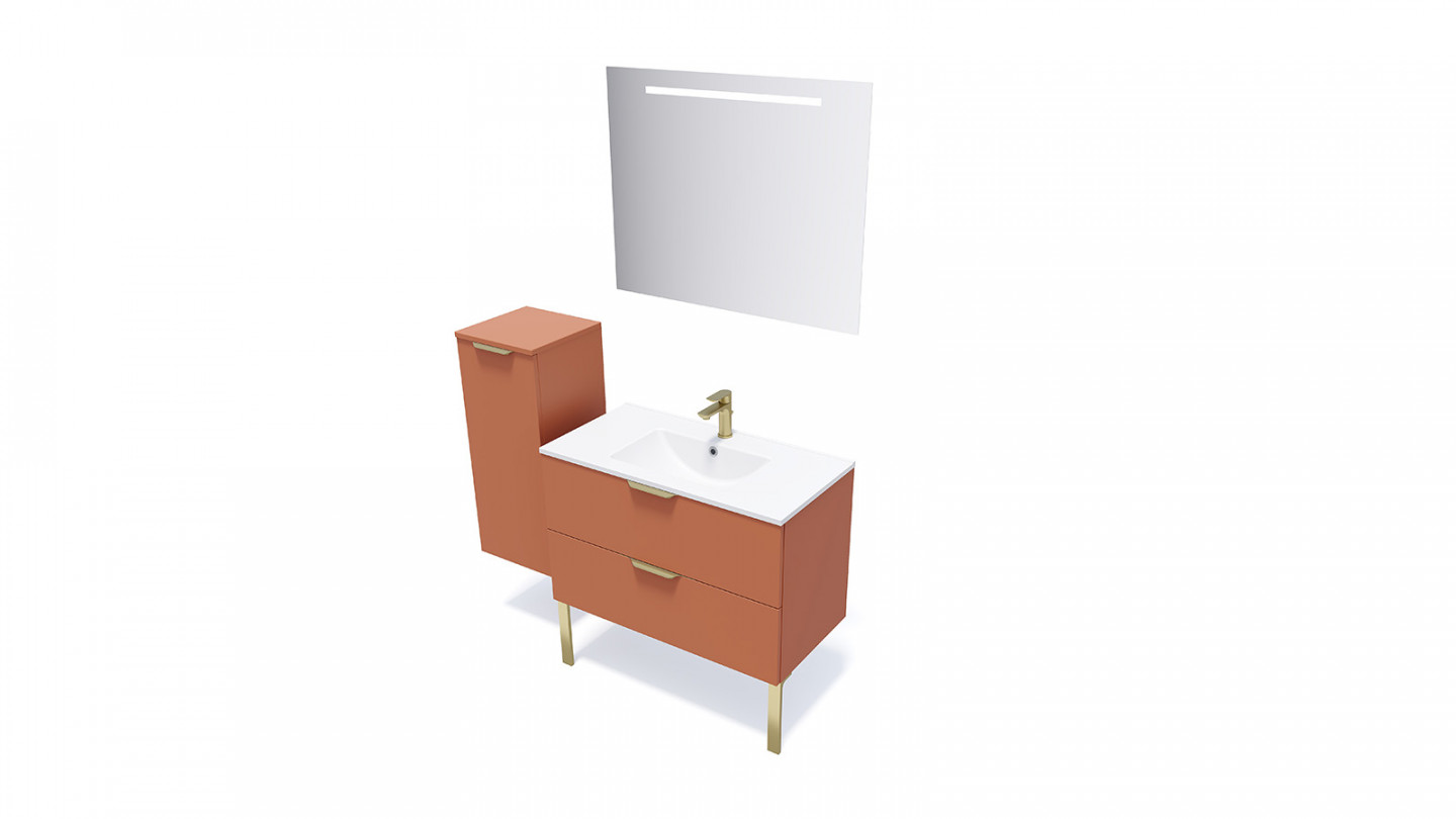 Meuble de salle de bain suspendu vasque intégrée 90cm 2 tiroirs Terracotta + miroir + colonne ouverture gauche - Swing