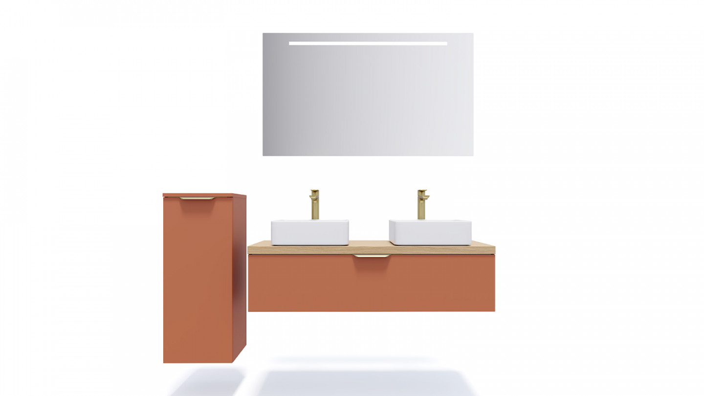 Meuble de salle de bain suspendu 2 vasques à poser 120cm 1 tiroir Terracotta - Swing
