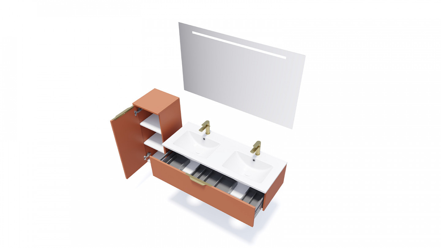 Meuble de salle de bain suspendu double vasque intégrée 120cm 1 tiroir Terracotta - Swing