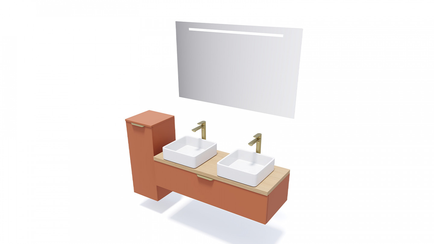 Meuble de salle de bain suspendu 2 vasques à poser 120cm 1 tiroir Terracotta + miroir - Swing