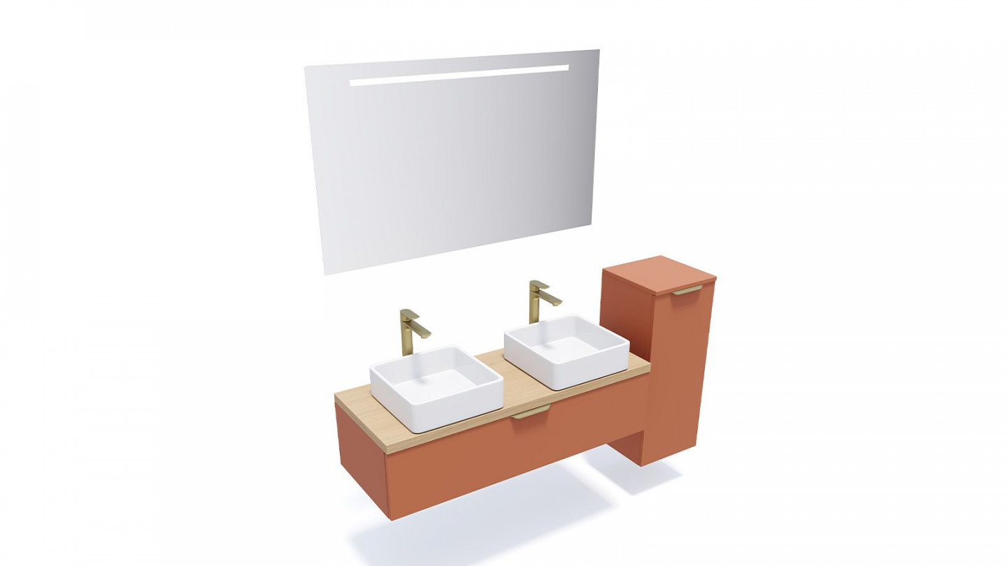 Meuble de salle de bain suspendu 2 vasques à poser 120cm 1 tiroir Terracotta + miroir + colonne ouverture droite - Swing