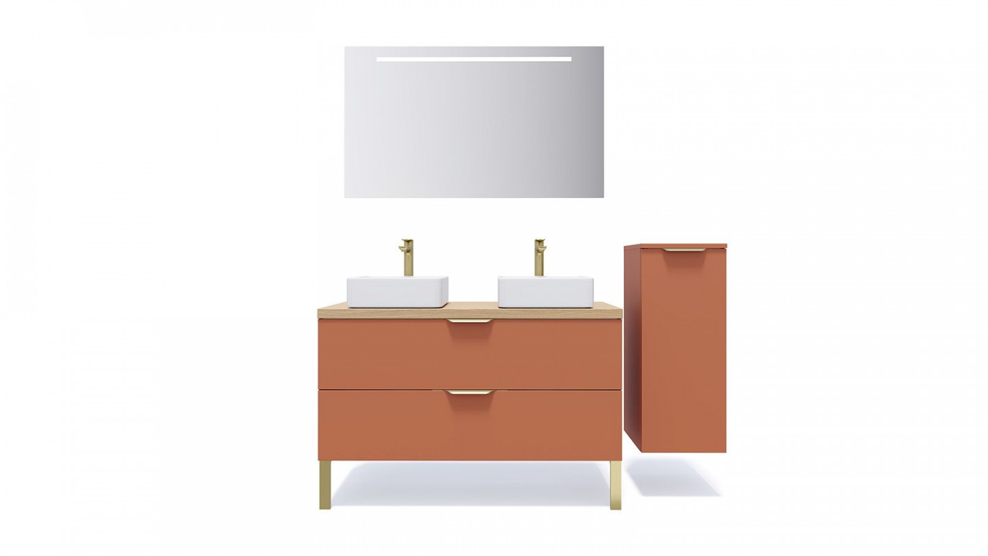 Meuble de salle de bain suspendu 2 vasques à poser 120cm 2 tiroirs Terracotta + miroir + colonne ouverture droite - Swing