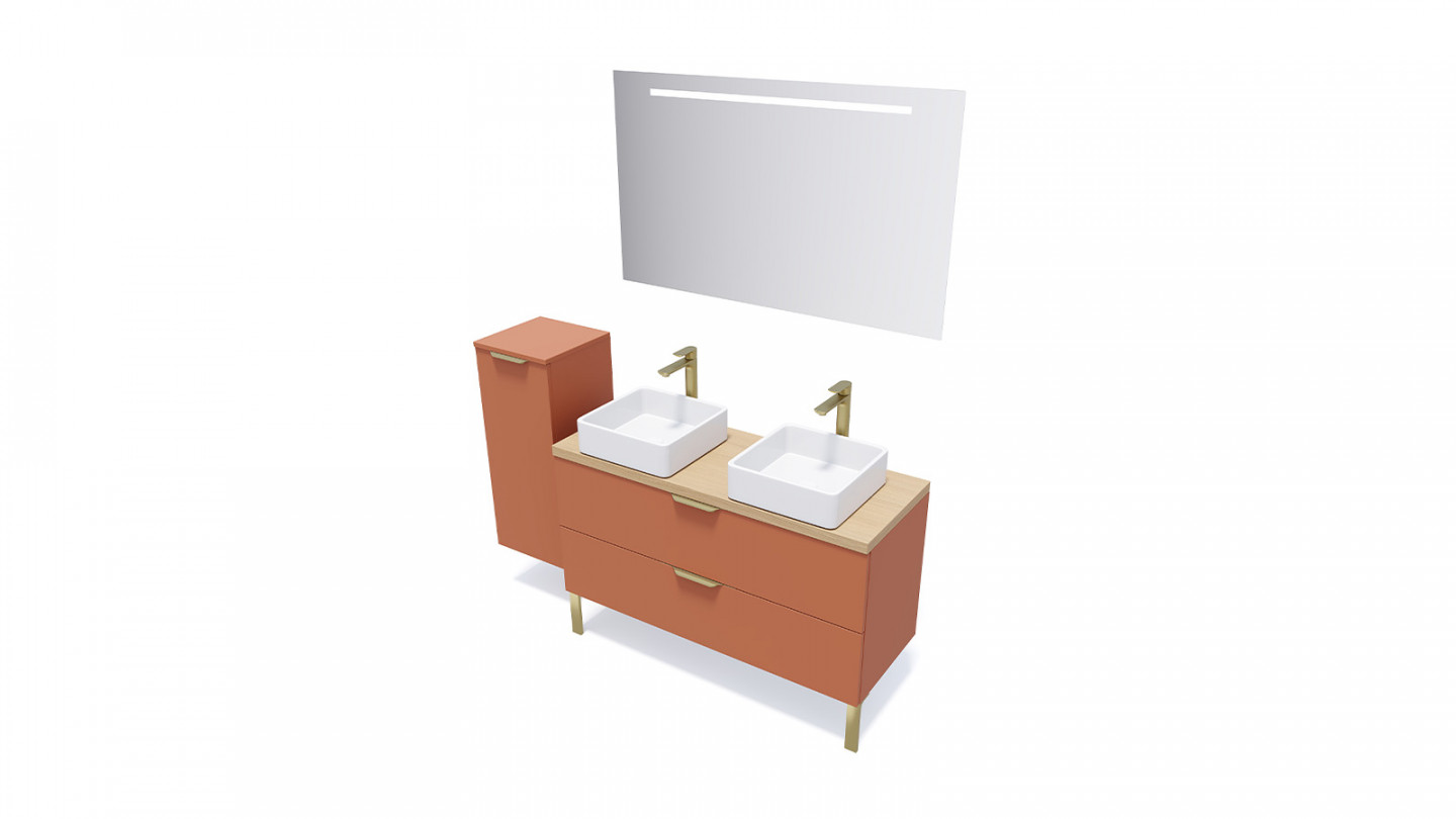 Meuble de salle de bain suspendu 2 vasques à poser 120cm 2 tiroirs Terracotta + miroir + colonne ouverture gauche - Swing