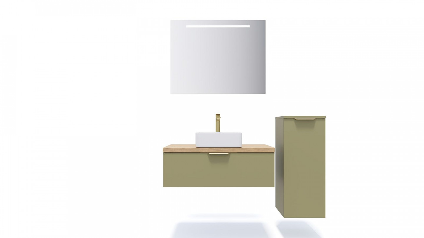 Meuble de salle de bain suspendu vasque à poser 90cm 1 tiroir Vert olive + miroir + colonne ouverture droite - Swing
