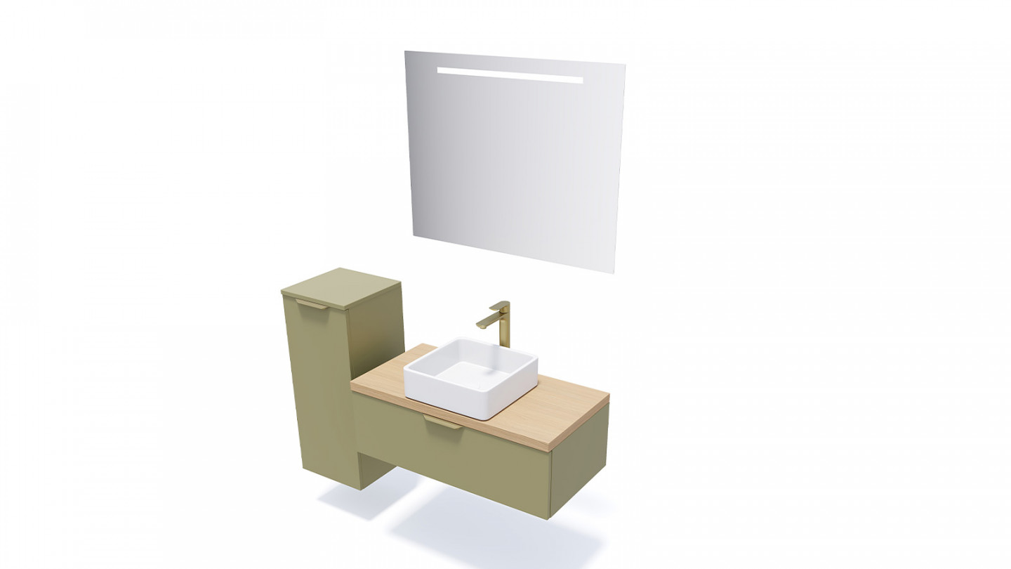 Meuble de salle de bain suspendu vasque à poser 90cm 1 tiroir Vert olive + miroir + colonne ouverture gauche - Swing