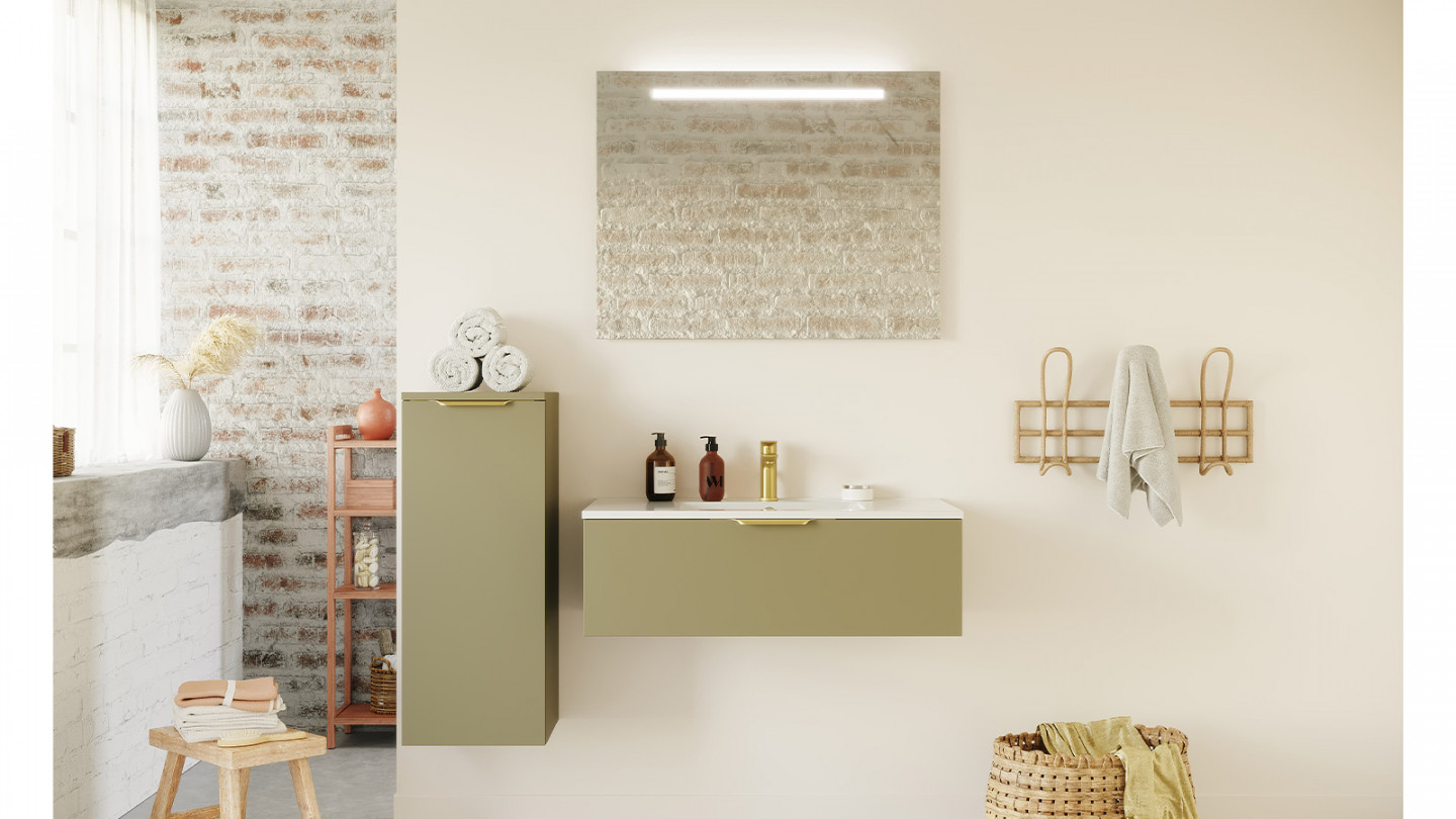 Meuble de salle de bain suspendu vasque intégrée 90cm 1 tiroir Vert olive + miroir + colonne ouverture gauche - Swing