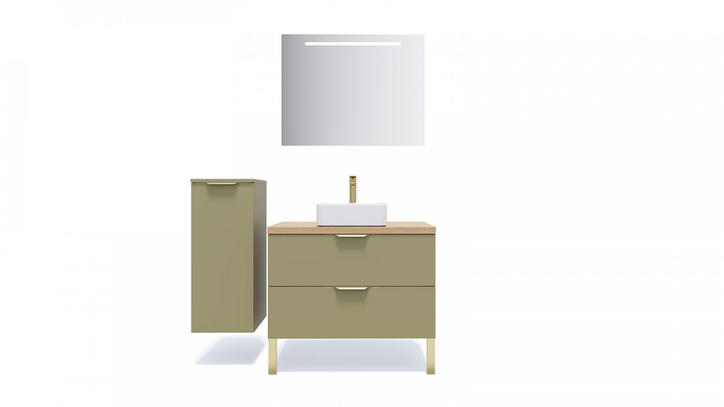 Meuble de salle de bain suspendu vasque à poser 90cm 2 tiroirs Vert olive + miroir - Swing