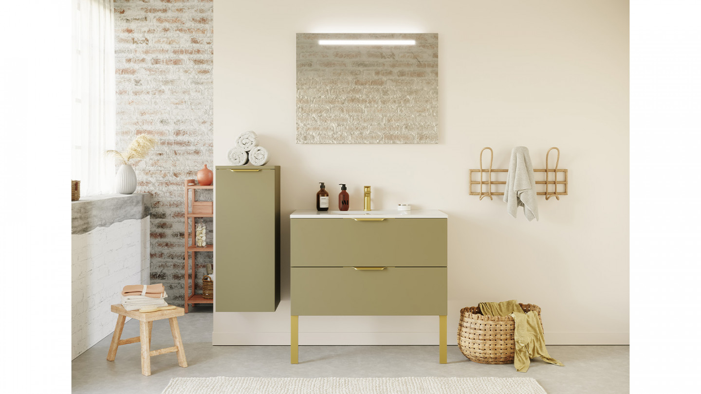 Meuble de salle de bain suspendu vasque intégrée 90cm 2 tiroirs Vert