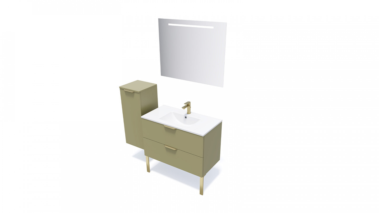 Meuble de salle de bain suspendu vasque intégrée 90cm 2 tiroirs Vert olive + miroir + colonne ouverture gauche - Swing