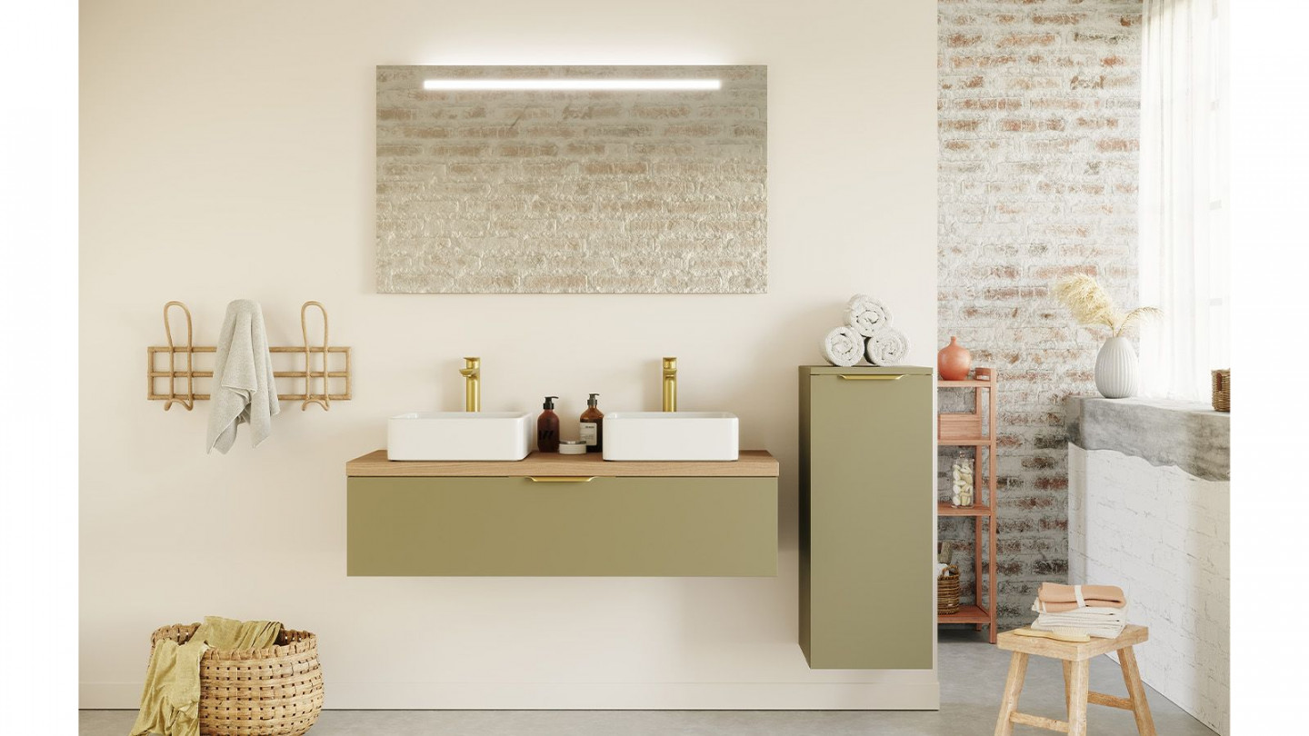 Meuble de salle de bain suspendu 2 vasques à poser 120cm 1 tiroir Vert olive + miroir + colonne ouverture droite - Swing