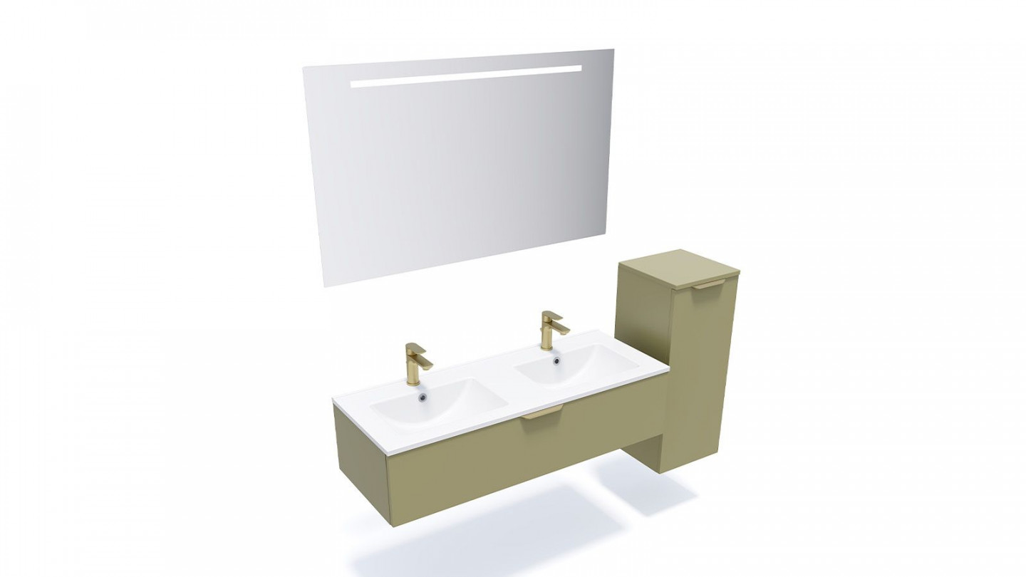 Meuble de salle de bain suspendu double vasque intégrée 120cm 1 tiroir Vert olive + miroir + colonne ouverture droite - Swing