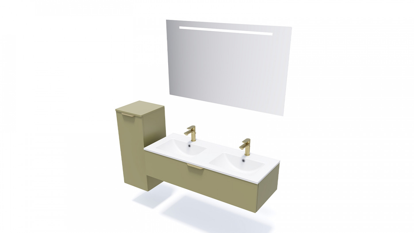 Meuble de salle de bain suspendu double vasque intégrée 120cm 1 tiroir Vert olive + miroir + colonne ouverture gauche - Swing