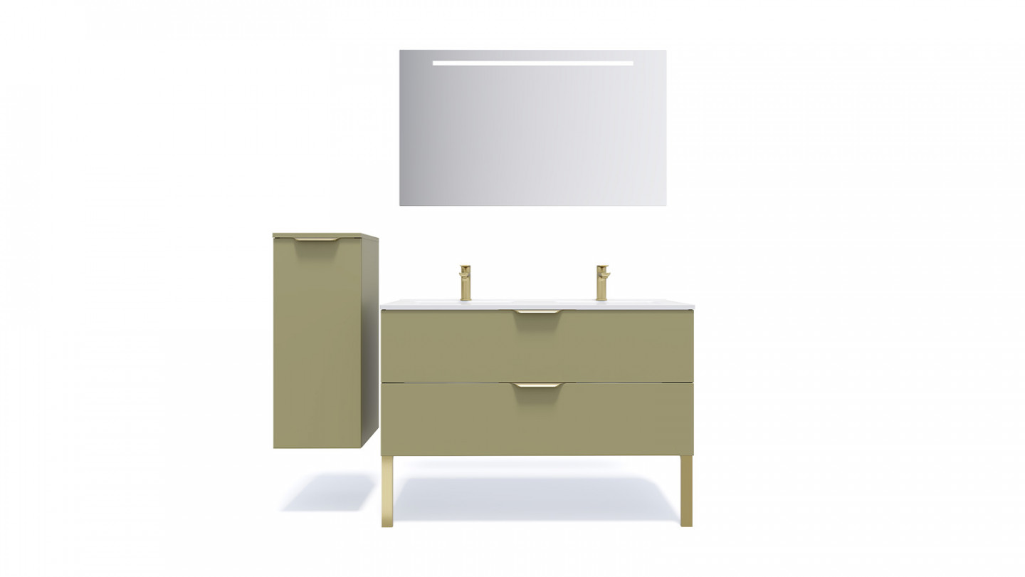 Meuble de salle de bain suspendu double vasque intégrée 120cm 2 tiroirs Vert olive + miroir - Swing