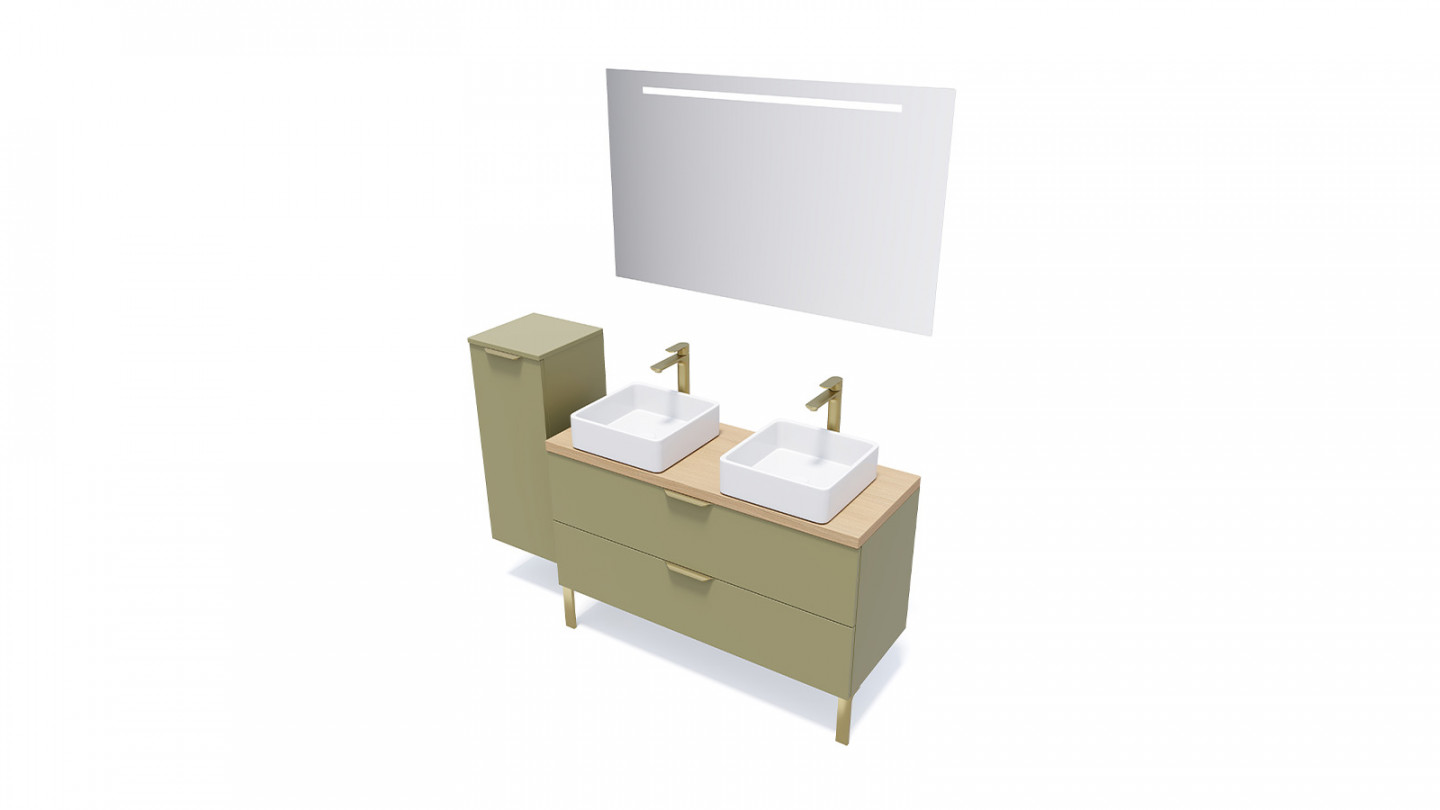 Meuble de salle de bain suspendu 2 vasques à poser 120cm 2 tiroirs Vert olive + miroir + colonne ouverture gauche - Swing